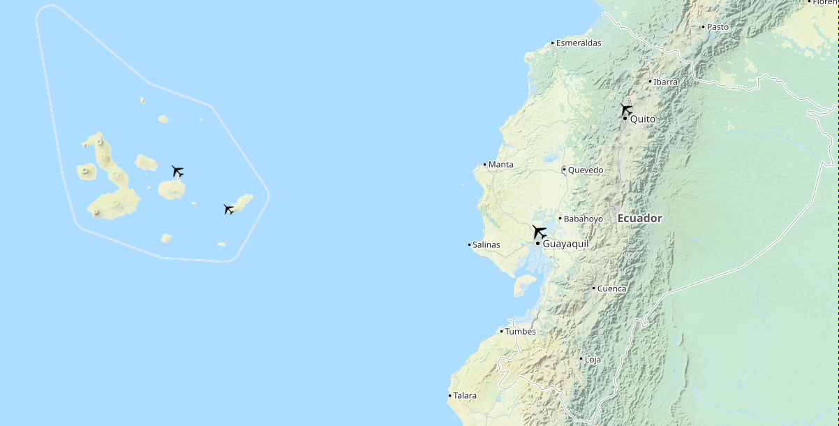 Map of mainland Ecuador airports with flights to the Galapagos Islands