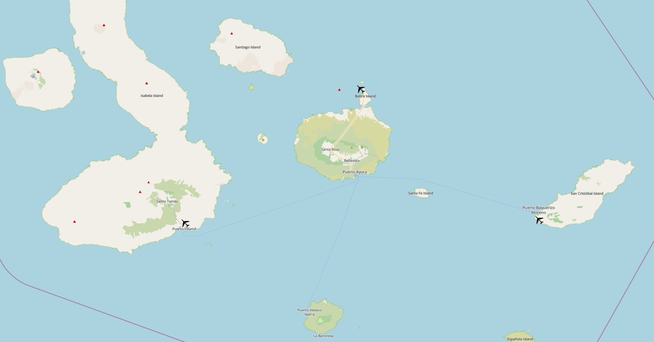 Ferry and inter-island flight routes between Santa Cruz, San Cristóbal and Isabela